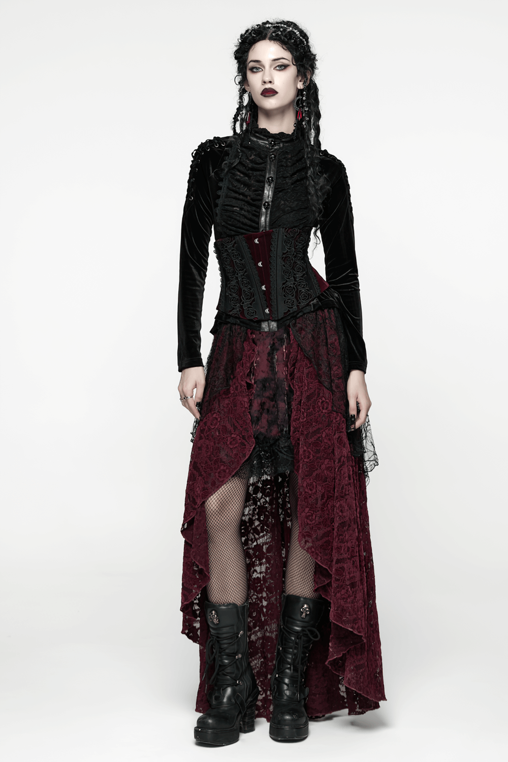 Model wearing Gothic Burgundy Lace and Velvet High-Low Skirt with layered lace and velvet patches in a dramatic gothic style.