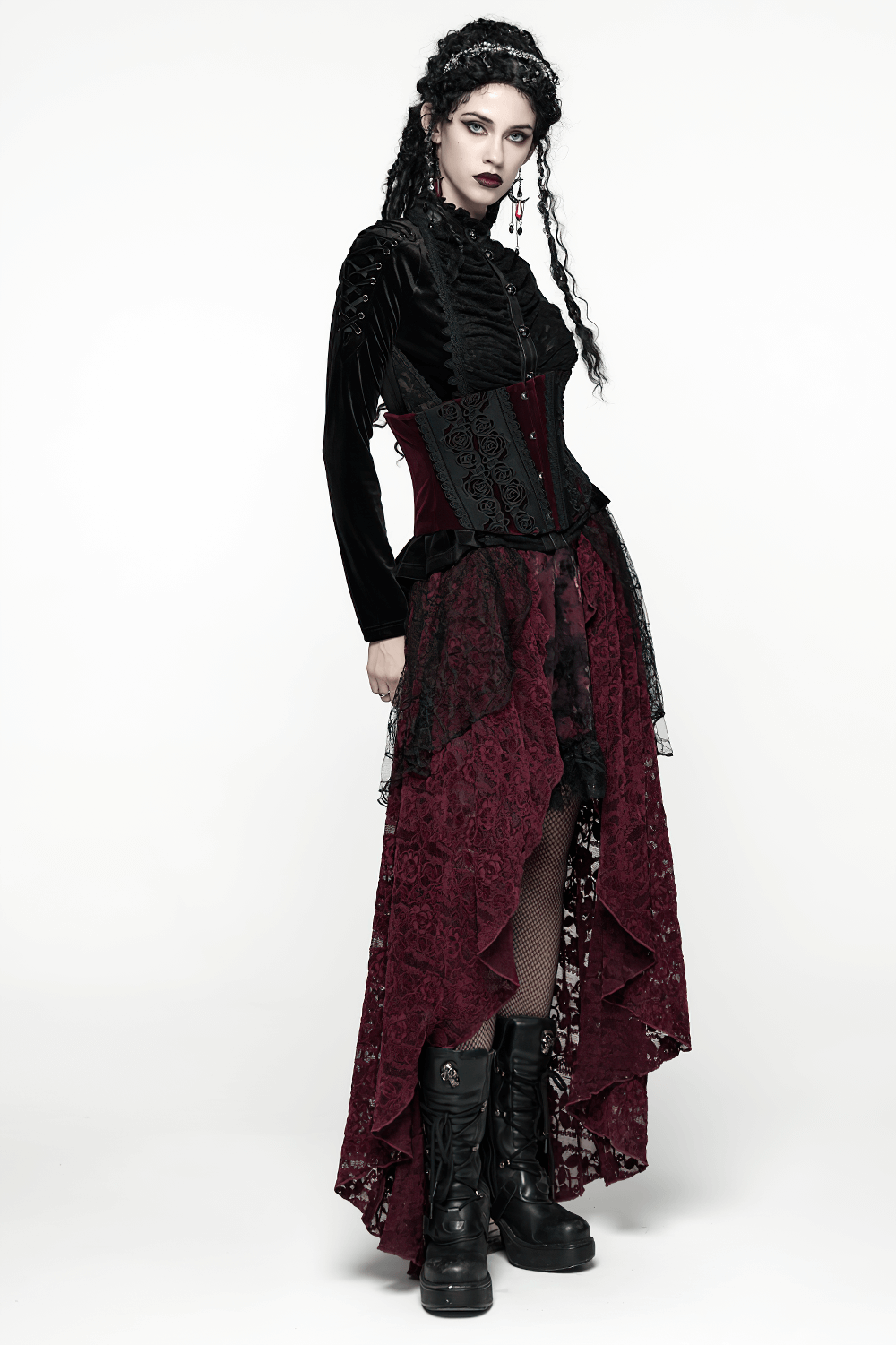 Gothic Burgundy Lace and Velvet High-Low Skirt featuring layered lace and velvet patchwork.