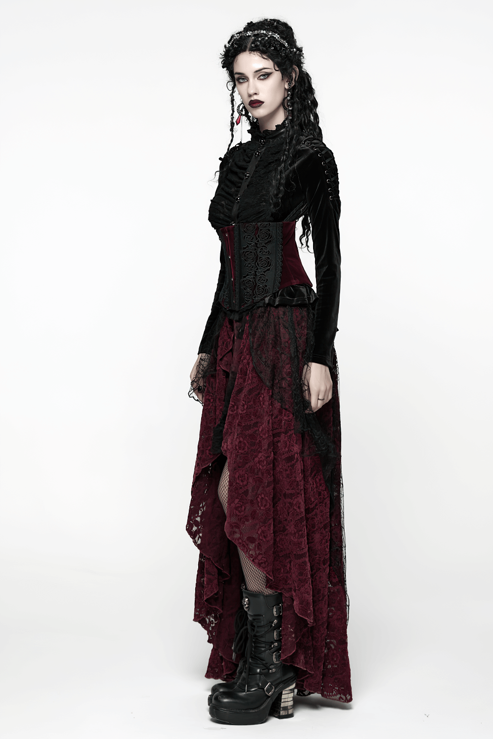 Gothic Burgundy Lace and Velvet High-Low Skirt worn by a model, showcasing dark elegance and Victorian-inspired beauty.
