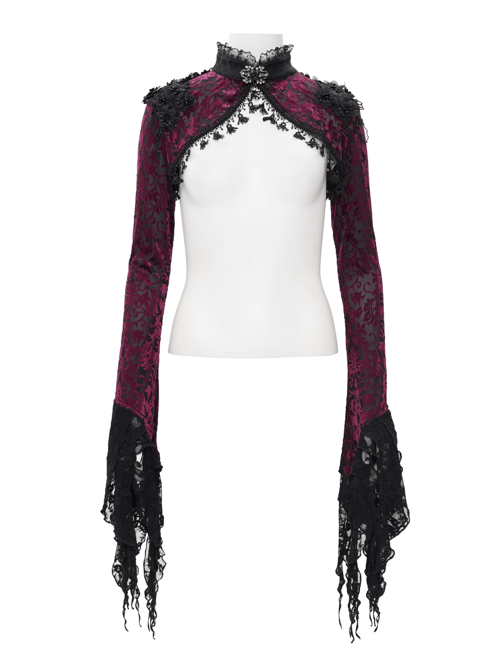 Gothic burgundy lace bolero with Victorian bell sleeves and intricate floral details, perfect for dark elegance.