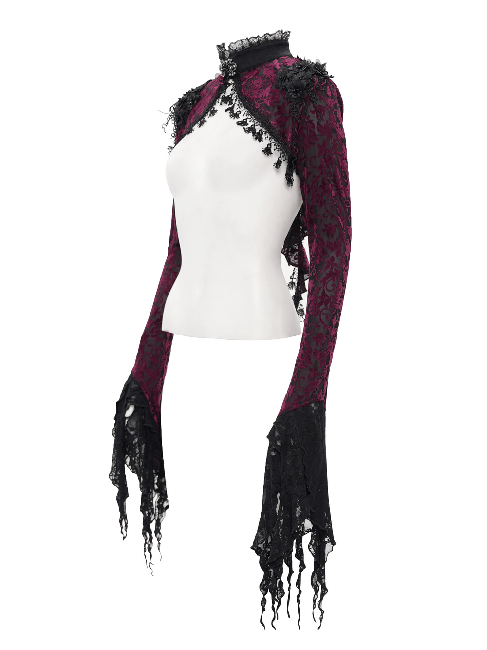 Gothic burgundy lace bolero with Victorian bell sleeves, perfect for dark elegance and dramatic flair.