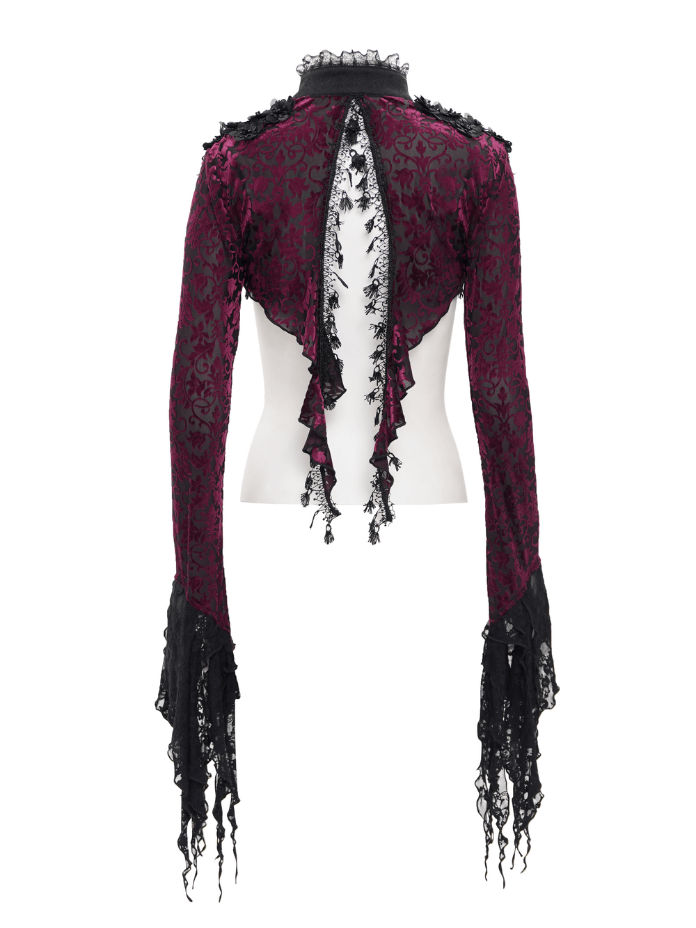 Gothic burgundy lace bolero with Victorian bell sleeves and elegant open-back design. Perfect for gothic fashion.