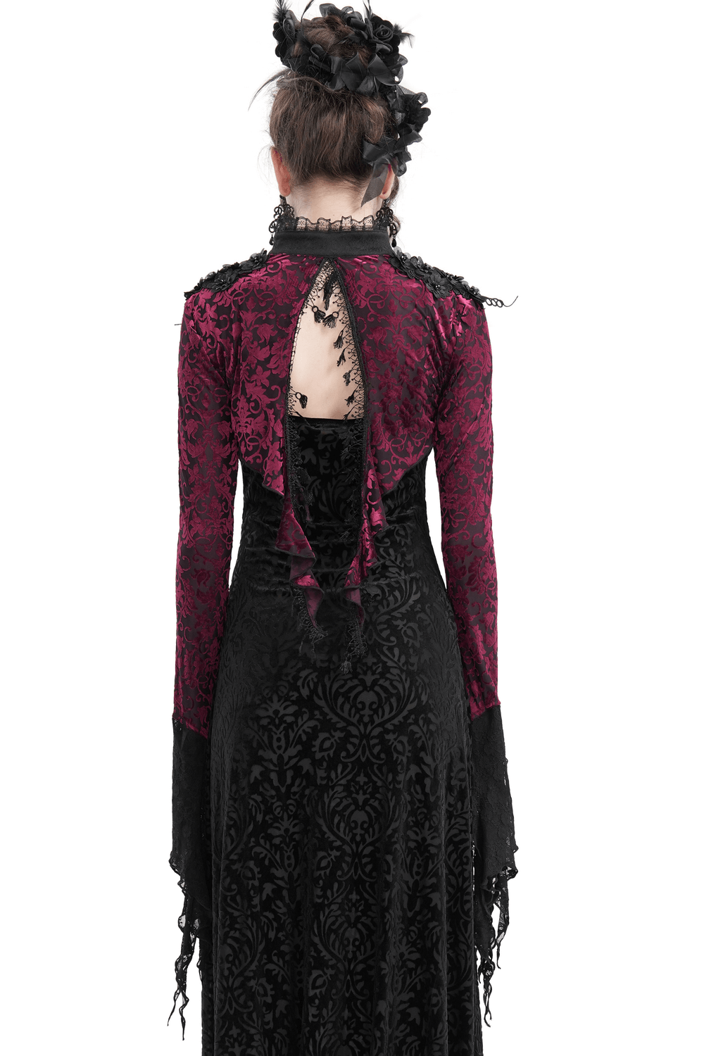 Gothic burgundy lace bolero with bell sleeves and Victorian open-back design, perfect for dark elegance and dramatic fashion.