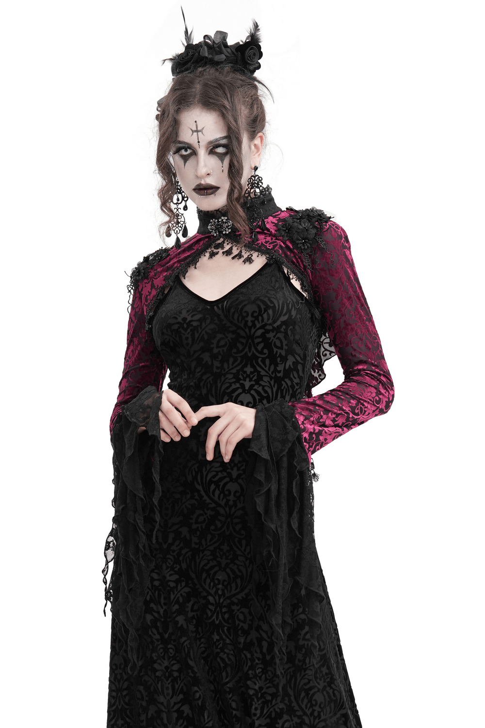 Gothic burgundy lace bolero with Victorian bell sleeves worn over a black dress, exuding dark elegance and mystique.