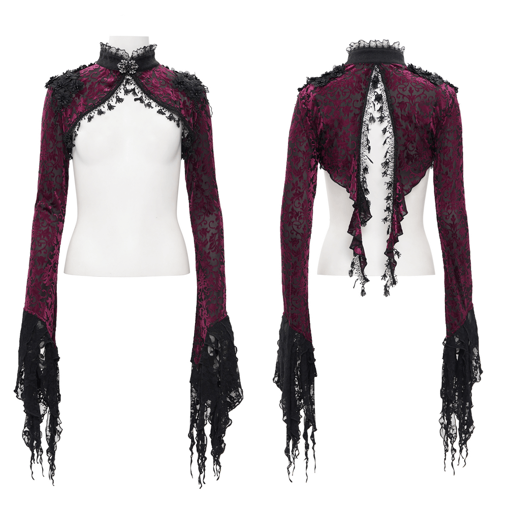 Gothic burgundy lace bolero with Victorian bell sleeves, intricate floral patterns, and an elegant open-back design.