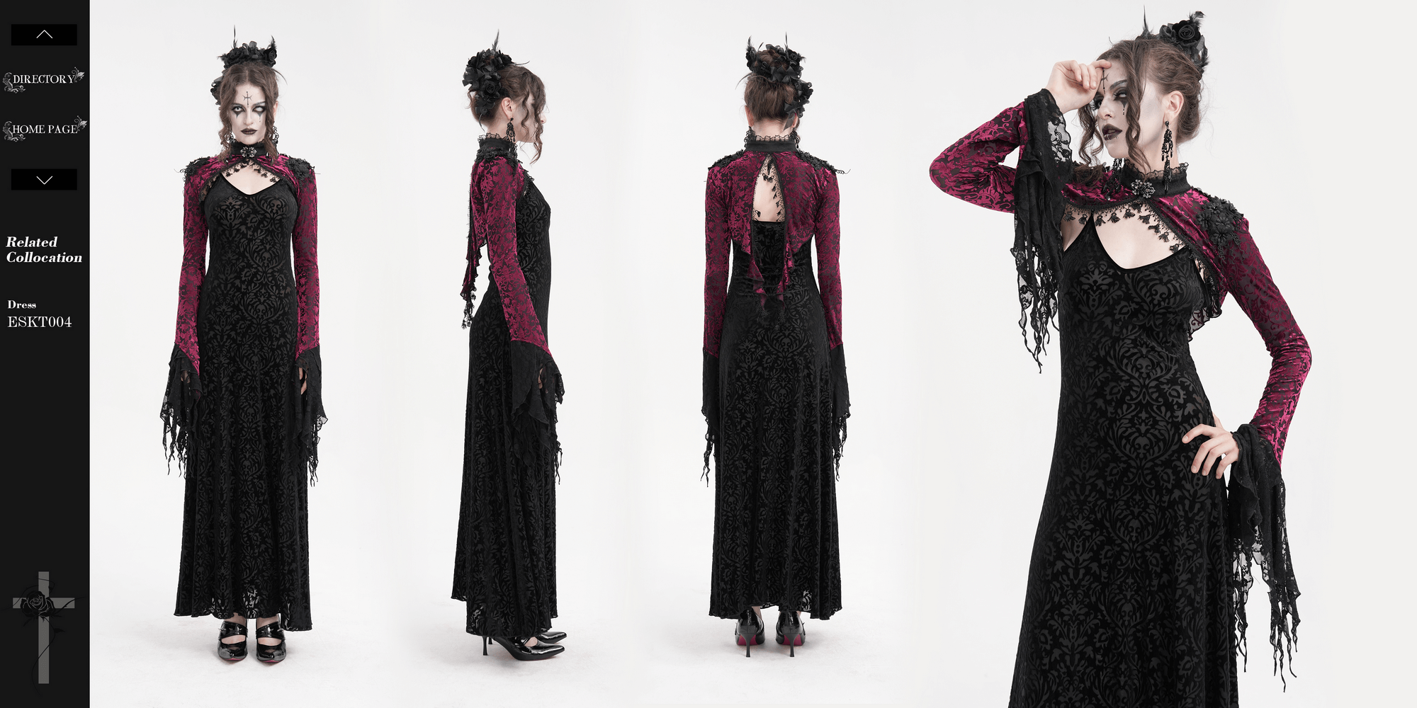 Model showcasing a gothic burgundy lace bolero with Victorian bell sleeves over a black dress, exuding dark elegance.