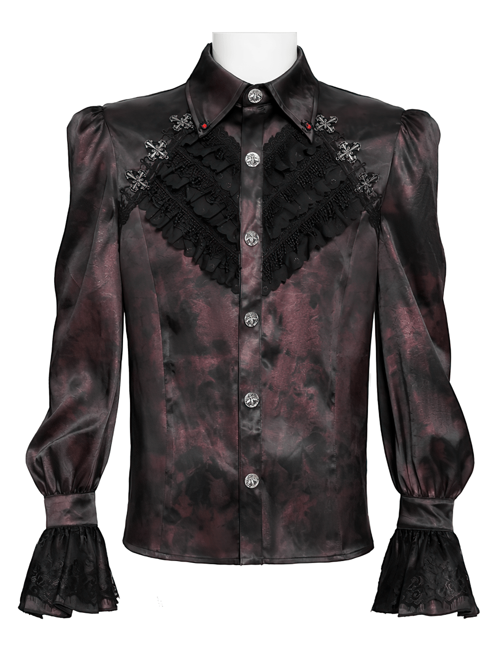 Gothic Burgundy Lace Button Shirt with Puff Sleeves