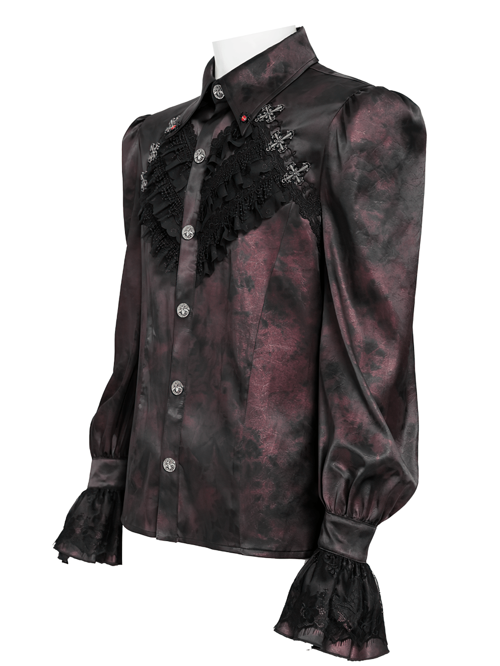 Gothic Burgundy Lace Button Shirt with Puff Sleeves