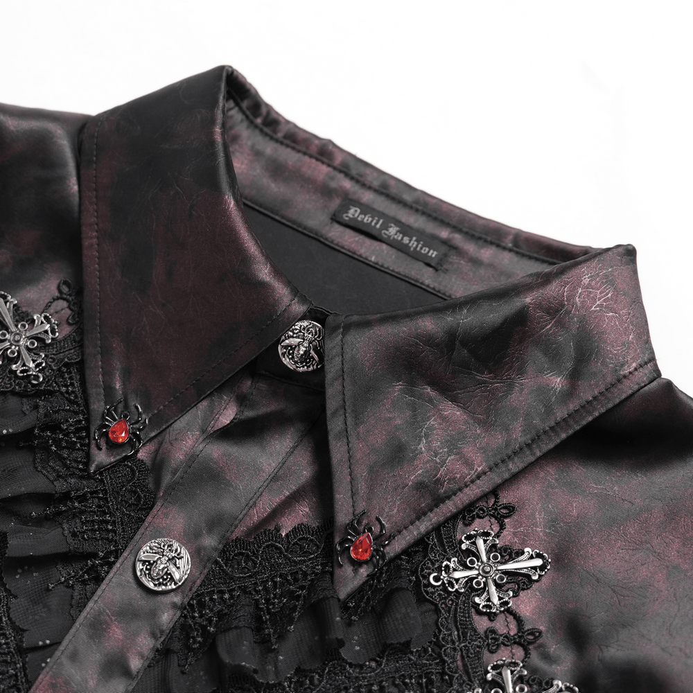 Gothic Burgundy Lace Button Shirt with Puff Sleeves