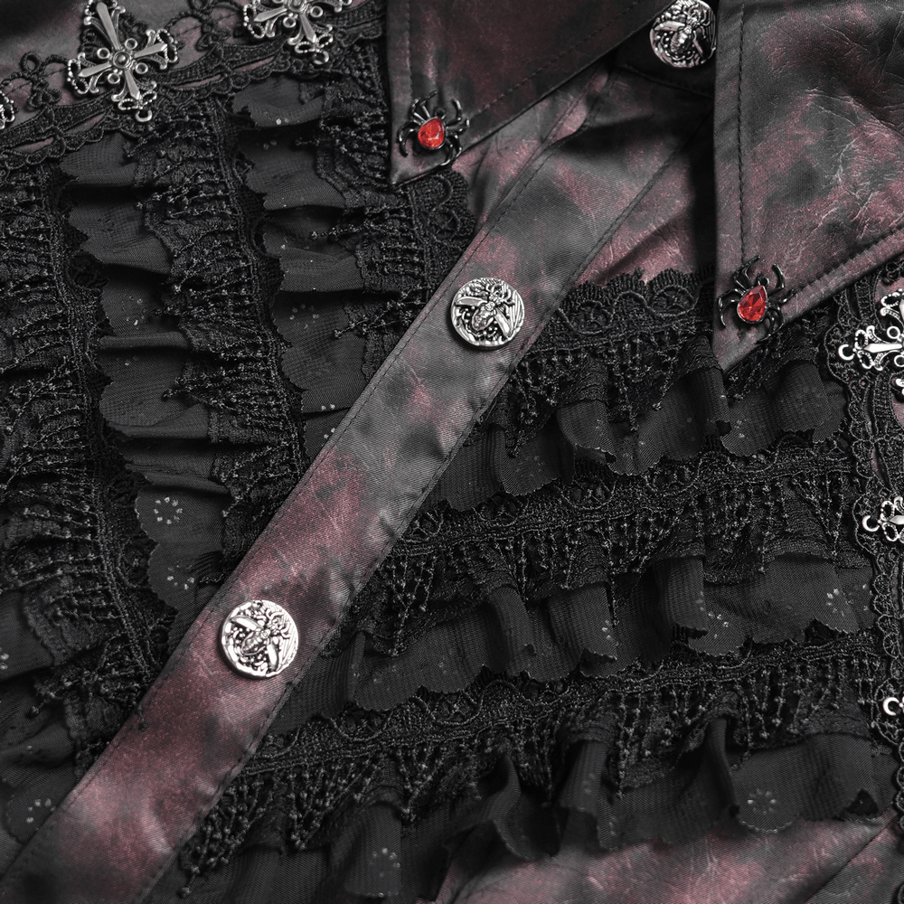 Gothic Burgundy Lace Button Shirt with Puff Sleeves