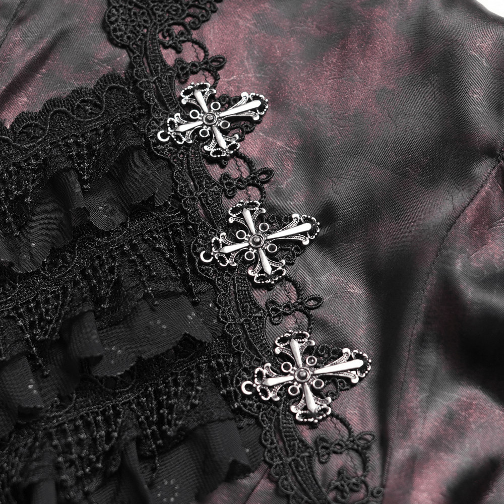 Gothic Burgundy Lace Button Shirt with Puff Sleeves