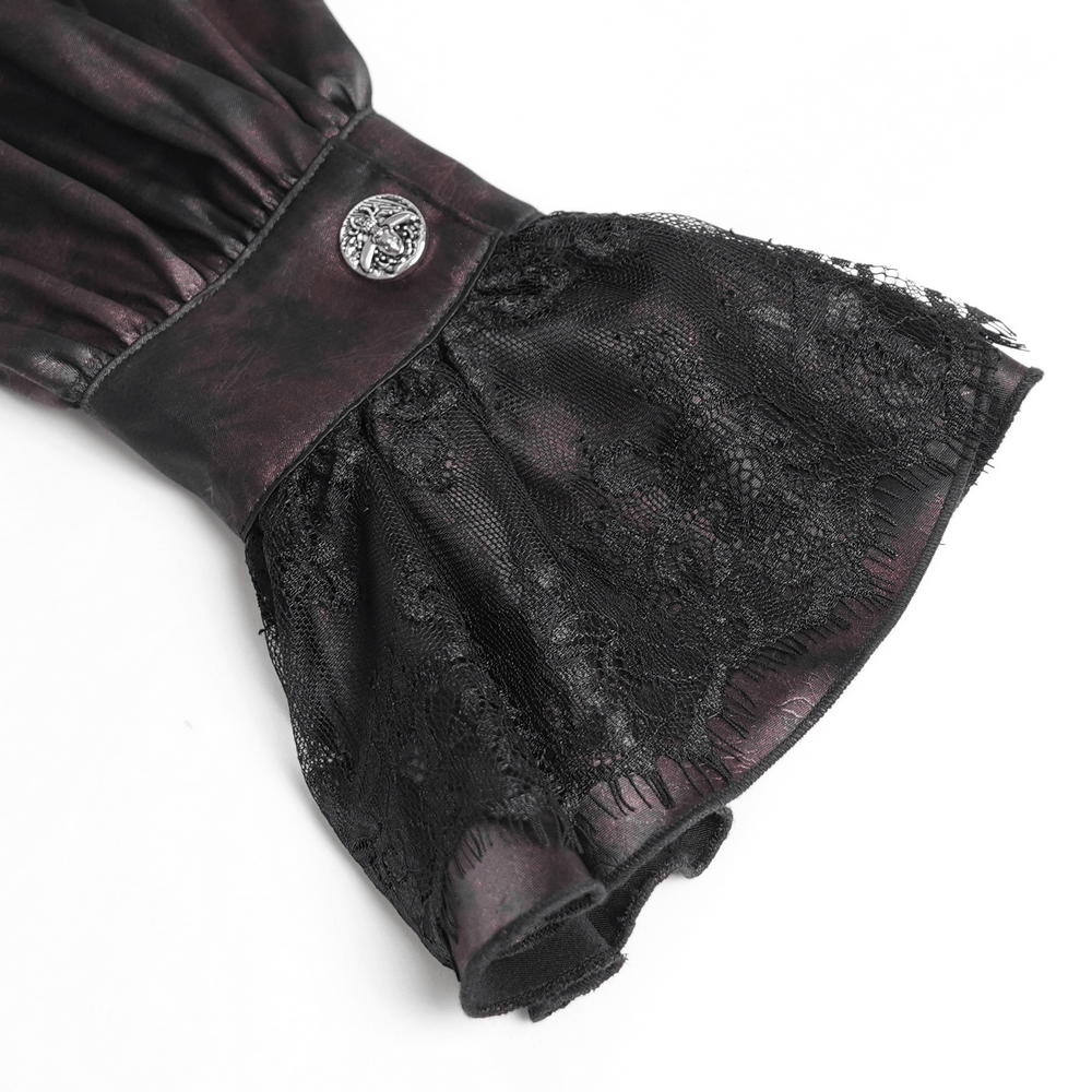 Gothic Burgundy Lace Button Shirt with Puff Sleeves