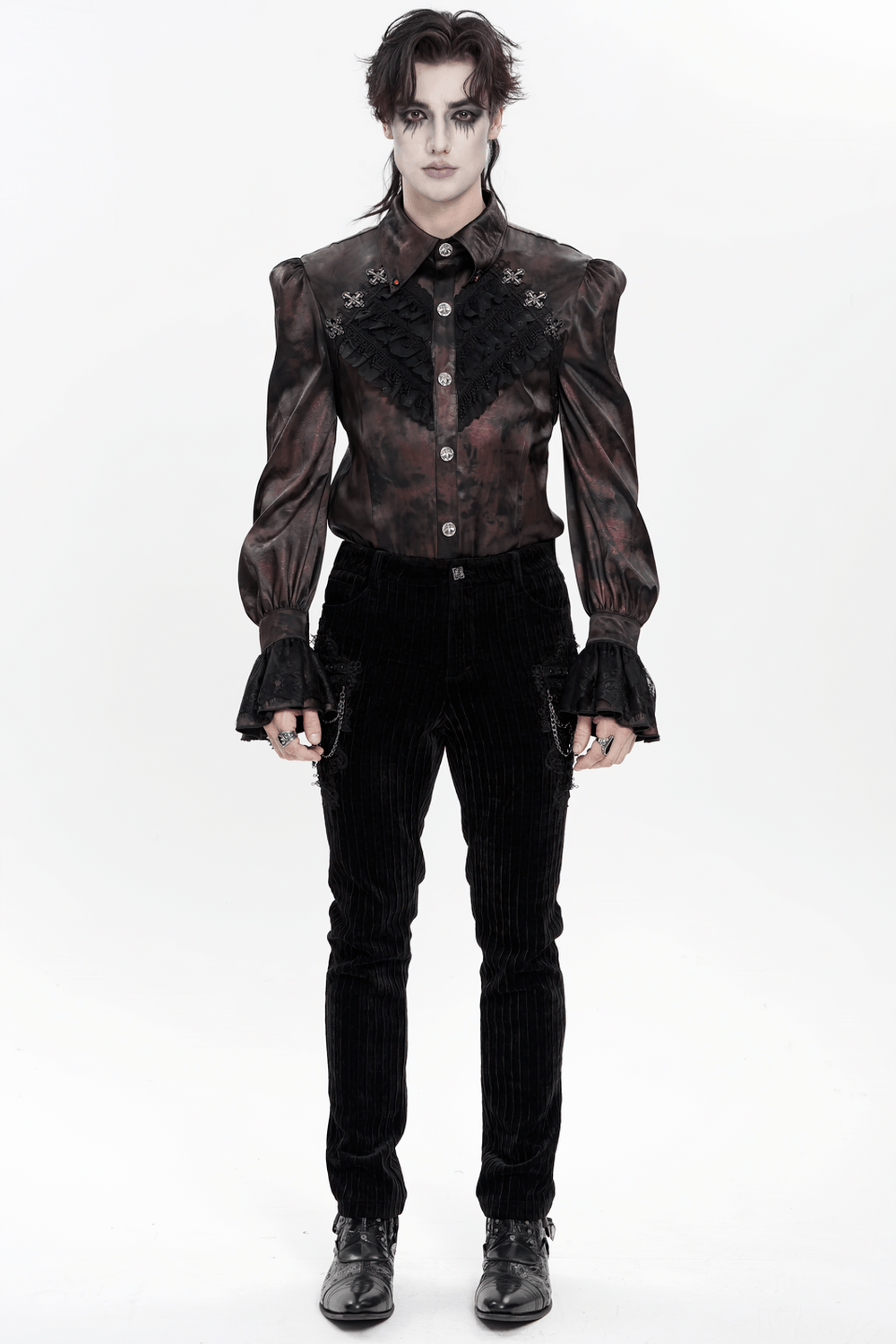 Gothic Burgundy Lace Button Shirt with Puff Sleeves