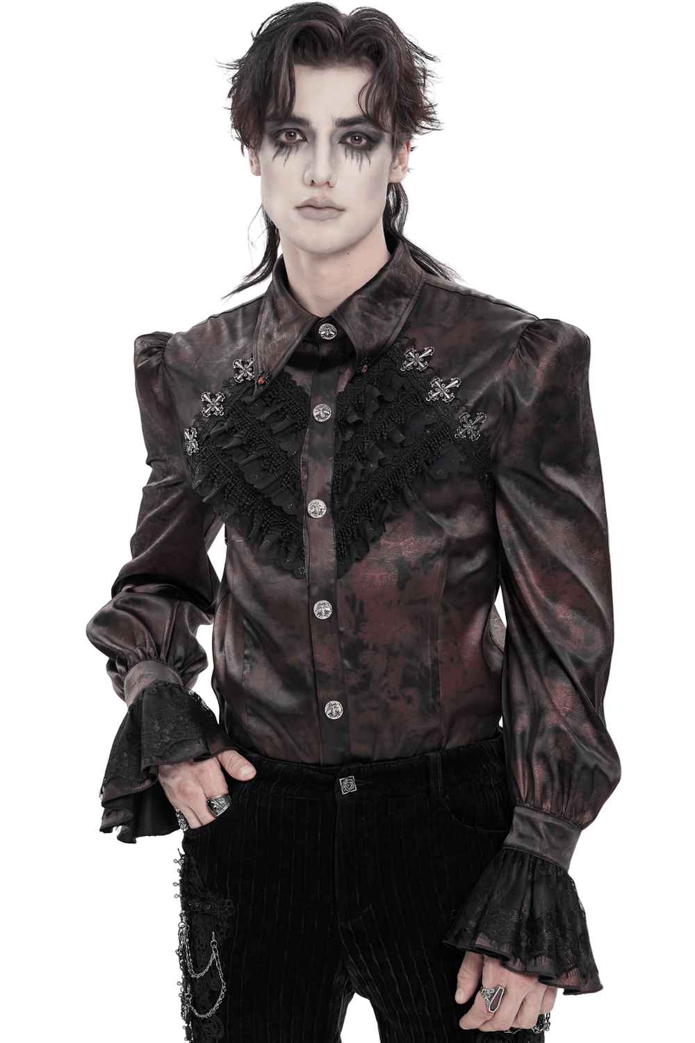 Gothic Burgundy Lace Button Shirt with Puff Sleeves