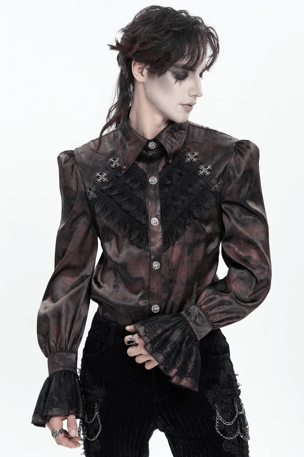 Gothic Burgundy Lace Button Shirt with Puff Sleeves