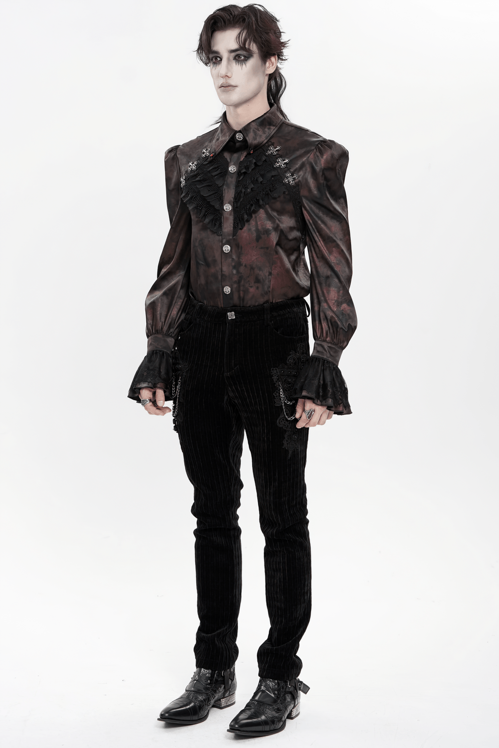 Gothic Burgundy Lace Button Shirt with Puff Sleeves