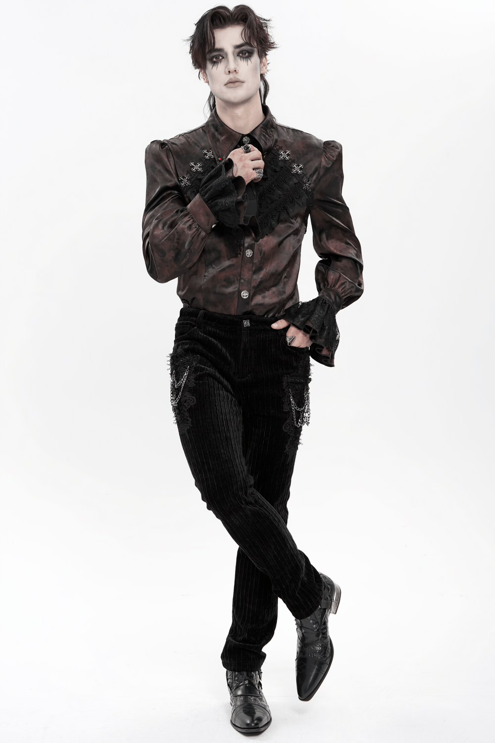 Gothic Burgundy Lace Button Shirt with Puff Sleeves