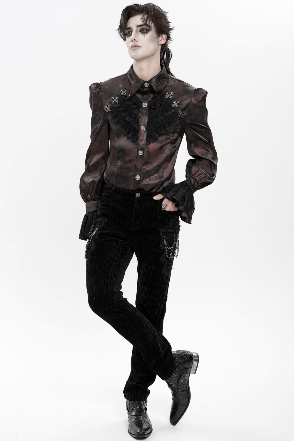 Gothic Burgundy Lace Button Shirt with Puff Sleeves