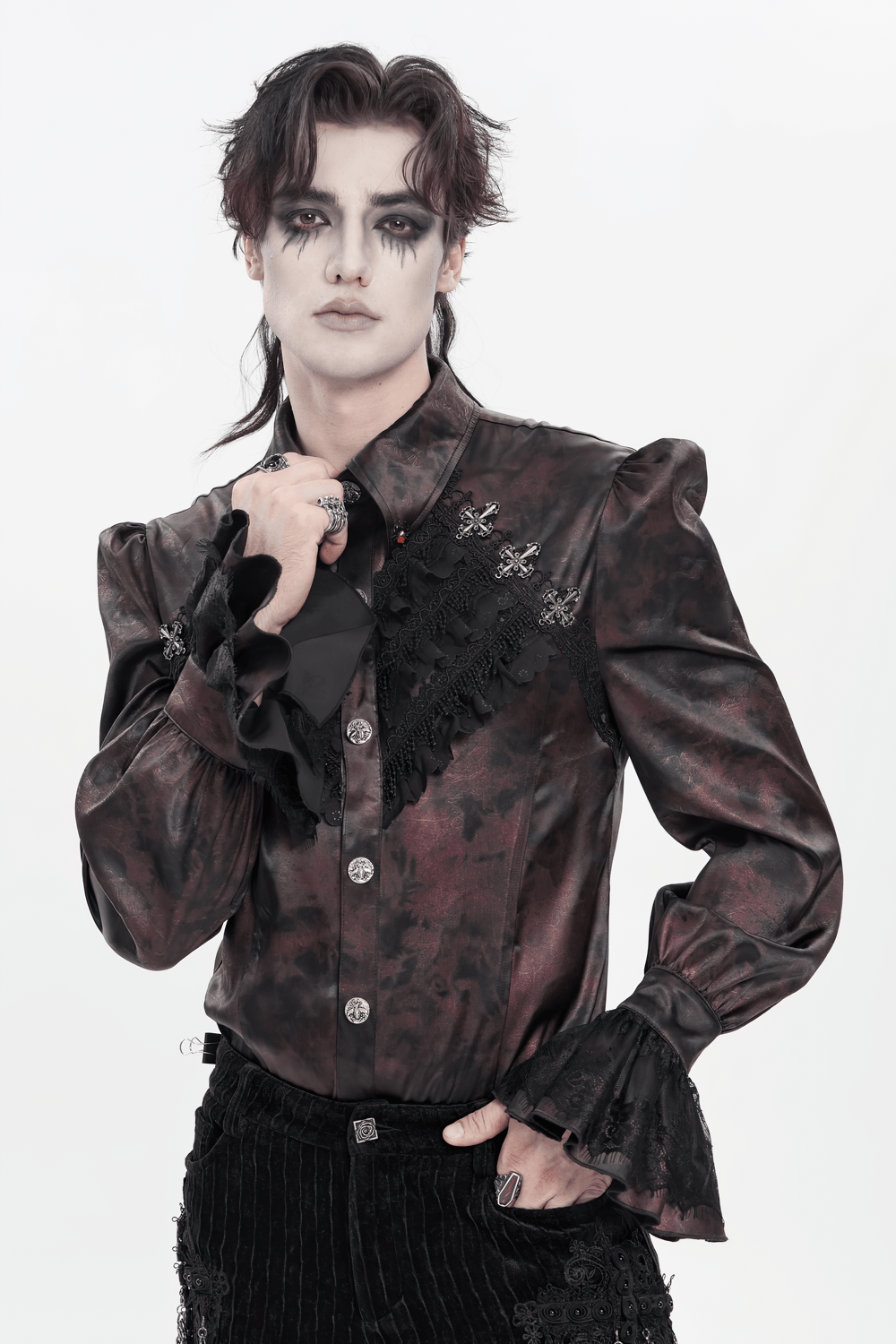 Gothic Burgundy Lace Button Shirt with Puff Sleeves