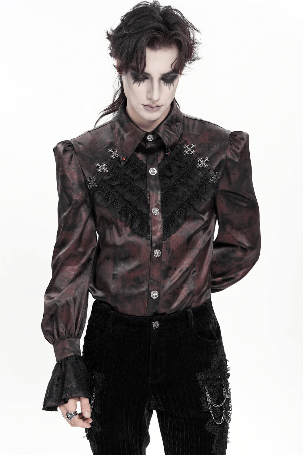 Gothic Burgundy Lace Button Shirt with Puff Sleeves