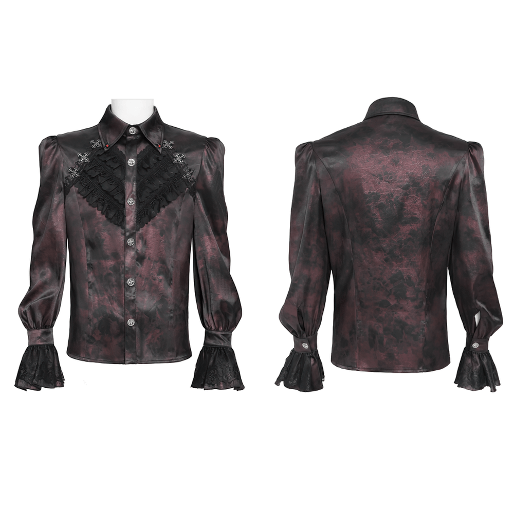 Gothic Burgundy Lace Button Shirt with Puff Sleeves