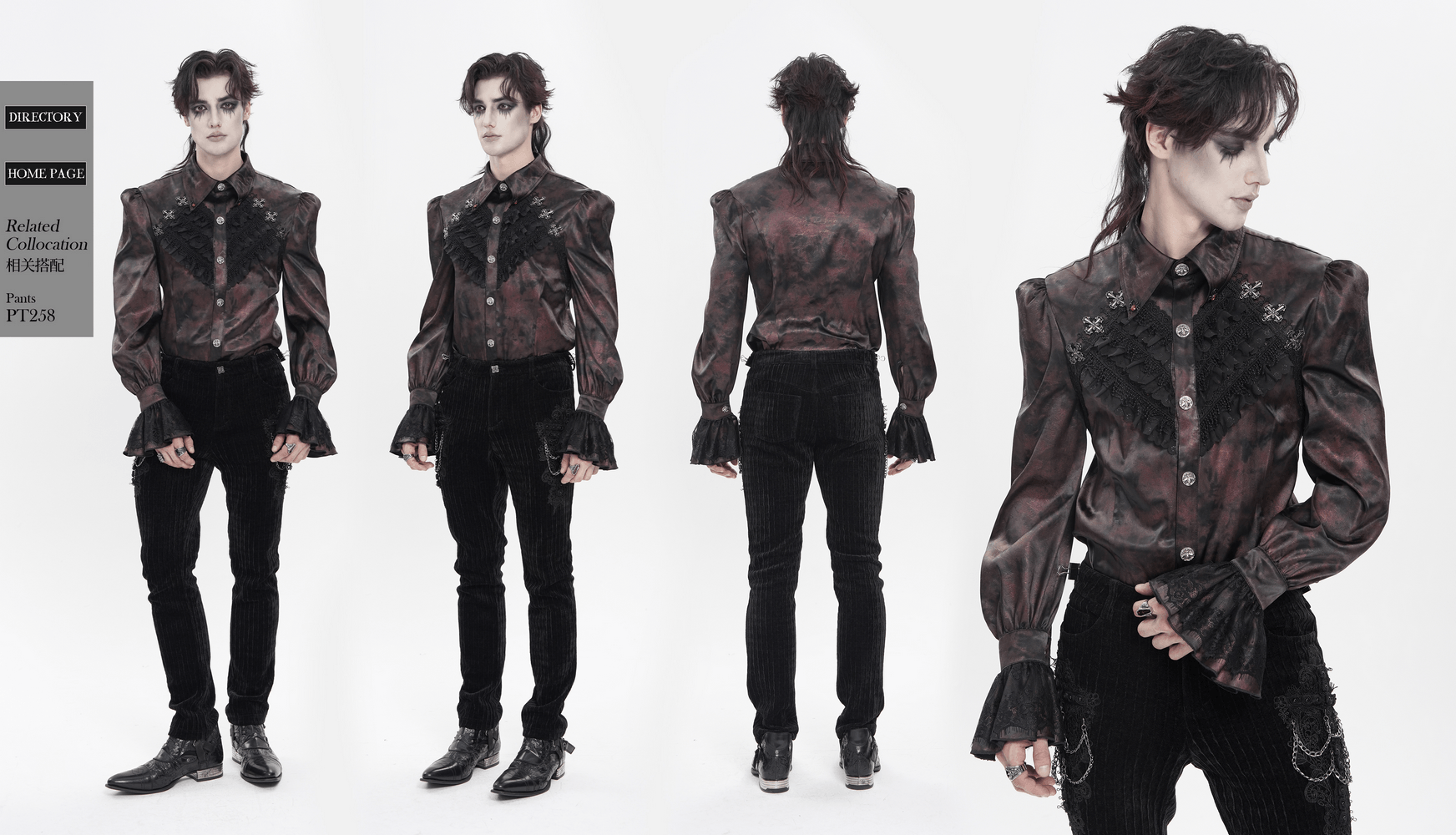 Gothic Burgundy Lace Button Shirt with Puff Sleeves
