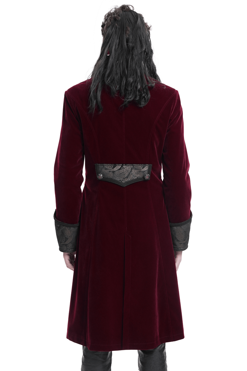 Back view of a gothic burgundy velvet tailcoat with embossed accents and black brocade details, showcasing vintage elegance.