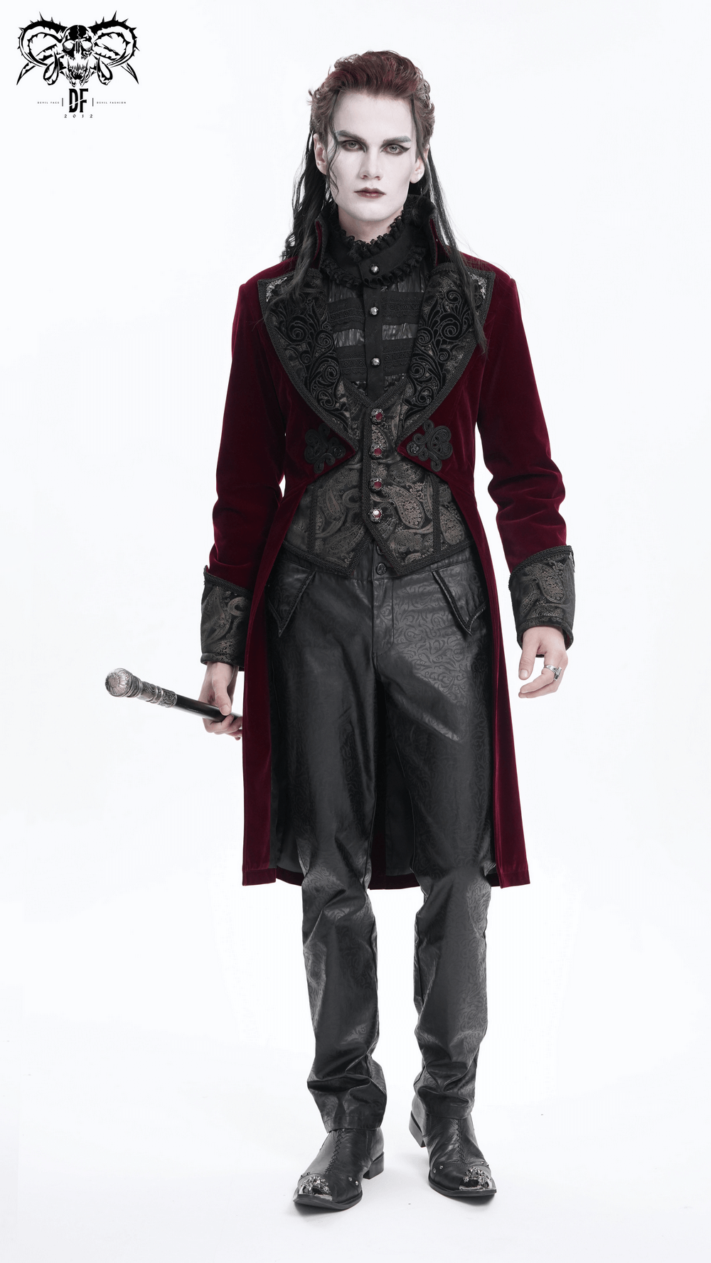 Gothic Burgundy Tailcoat with Embossed Accents and Gems