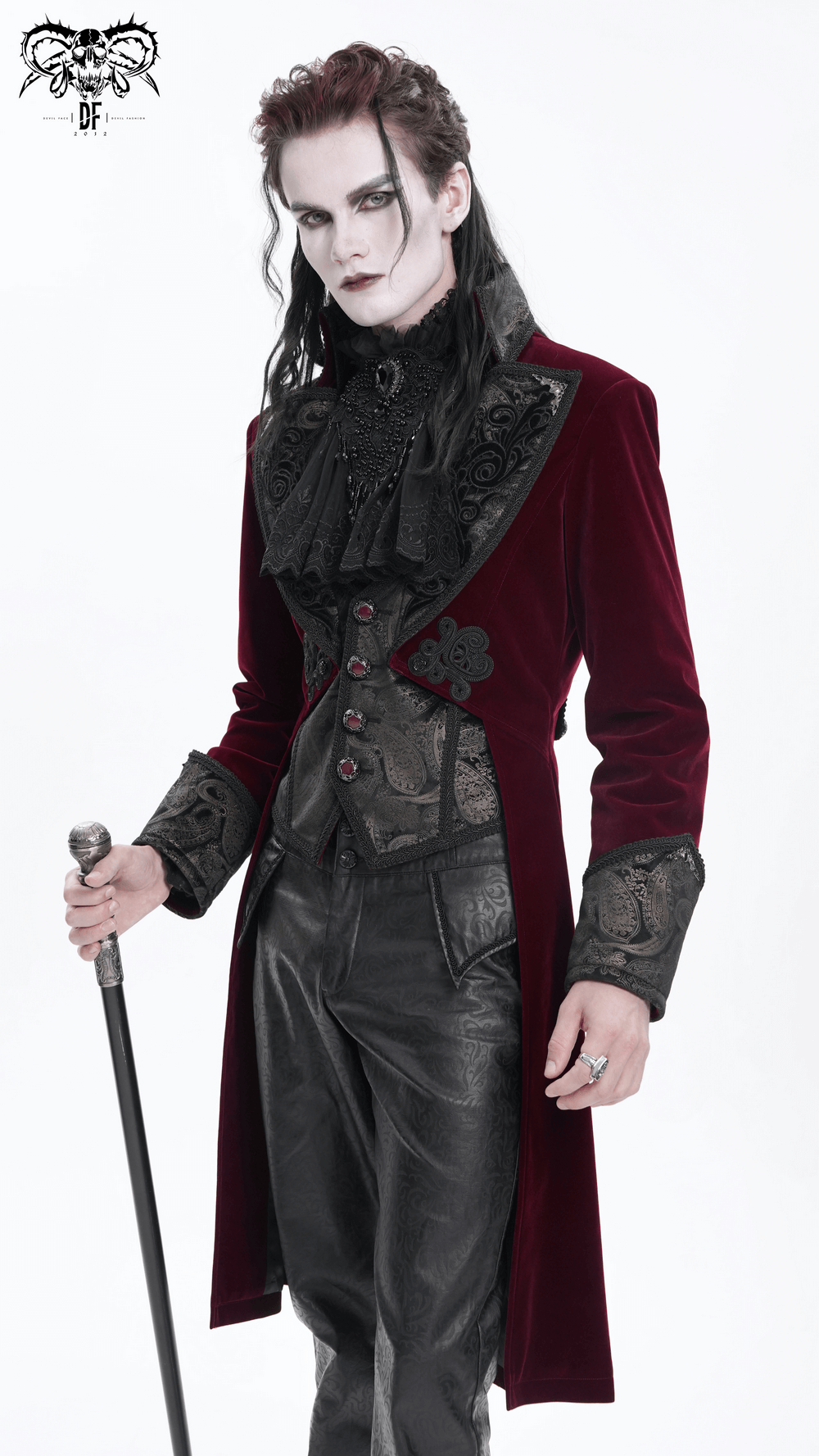 Gothic Burgundy Tailcoat with Embossed Accents and Gems