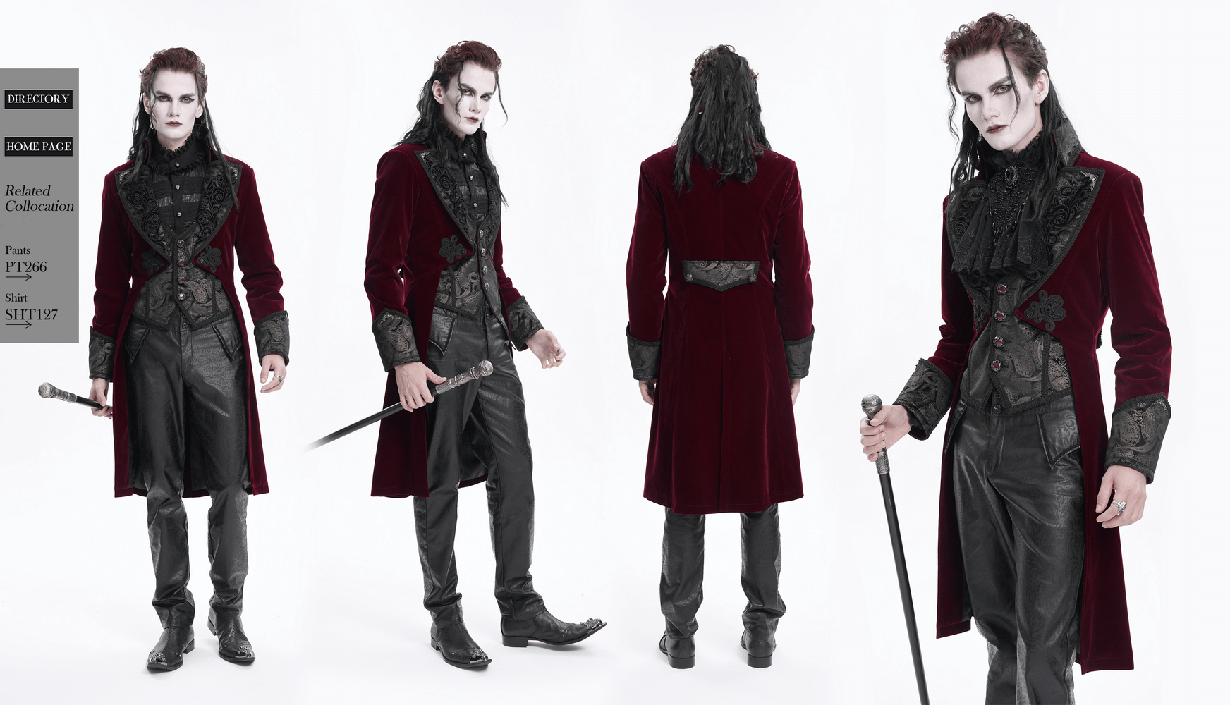 Gothic Burgundy Tailcoat with Embossed Accents and Gems