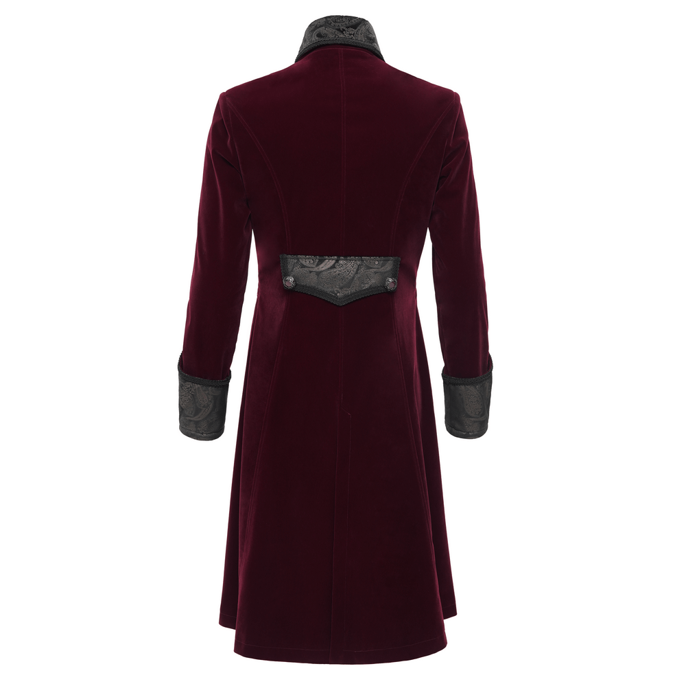 Back view of a gothic burgundy velvet tailcoat with embossed black brocade accents and dramatic tailored silhouette.