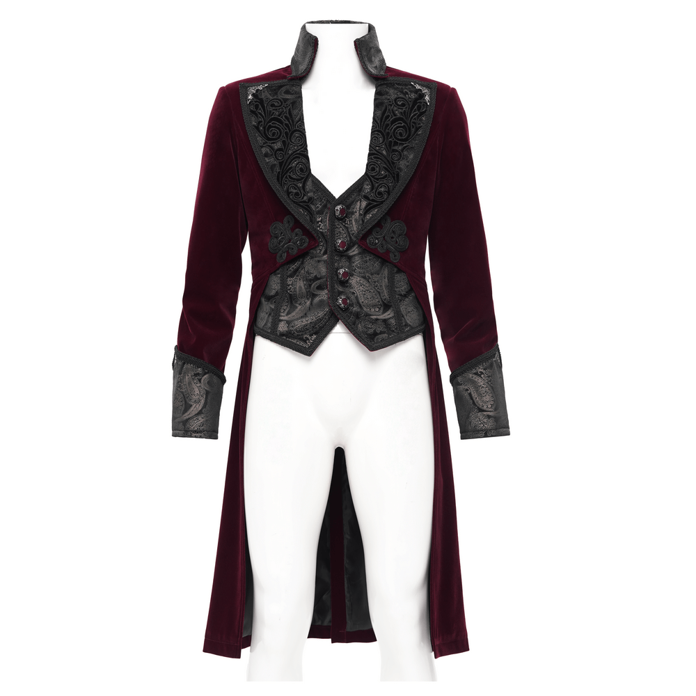 Gothic burgundy tailcoat with embossed black brocade and gem-accented buttons, perfect for dramatic gothic events.