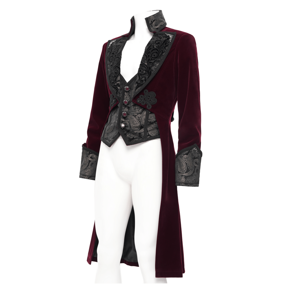 Gothic burgundy velvet tailcoat with embossed black accents and gem-encrusted buttons, perfect for dramatic vintage style.