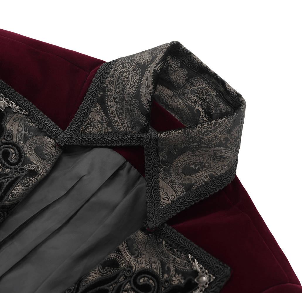 Close-up of the gothic burgundy tailcoat collar featuring embossed black brocade and intricate detailing.