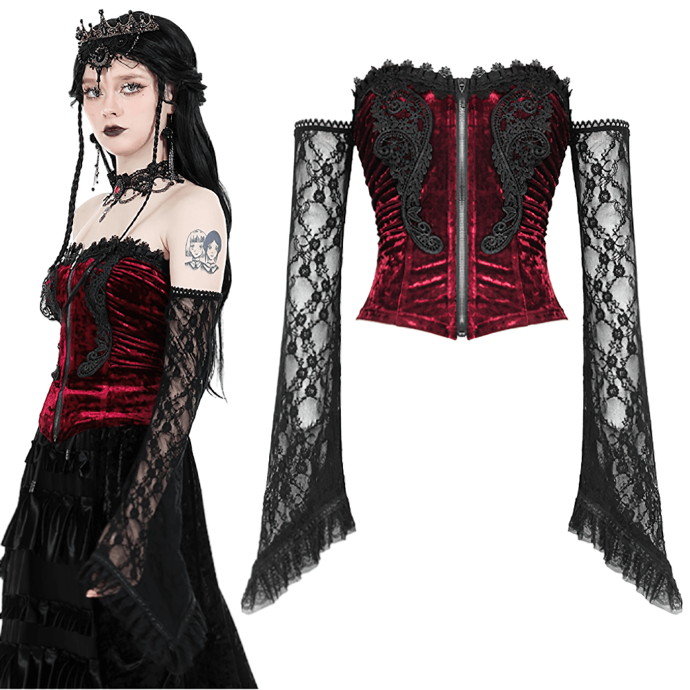 Gothic Burgundy Velvet Corset Top with Black Lace Sleeves