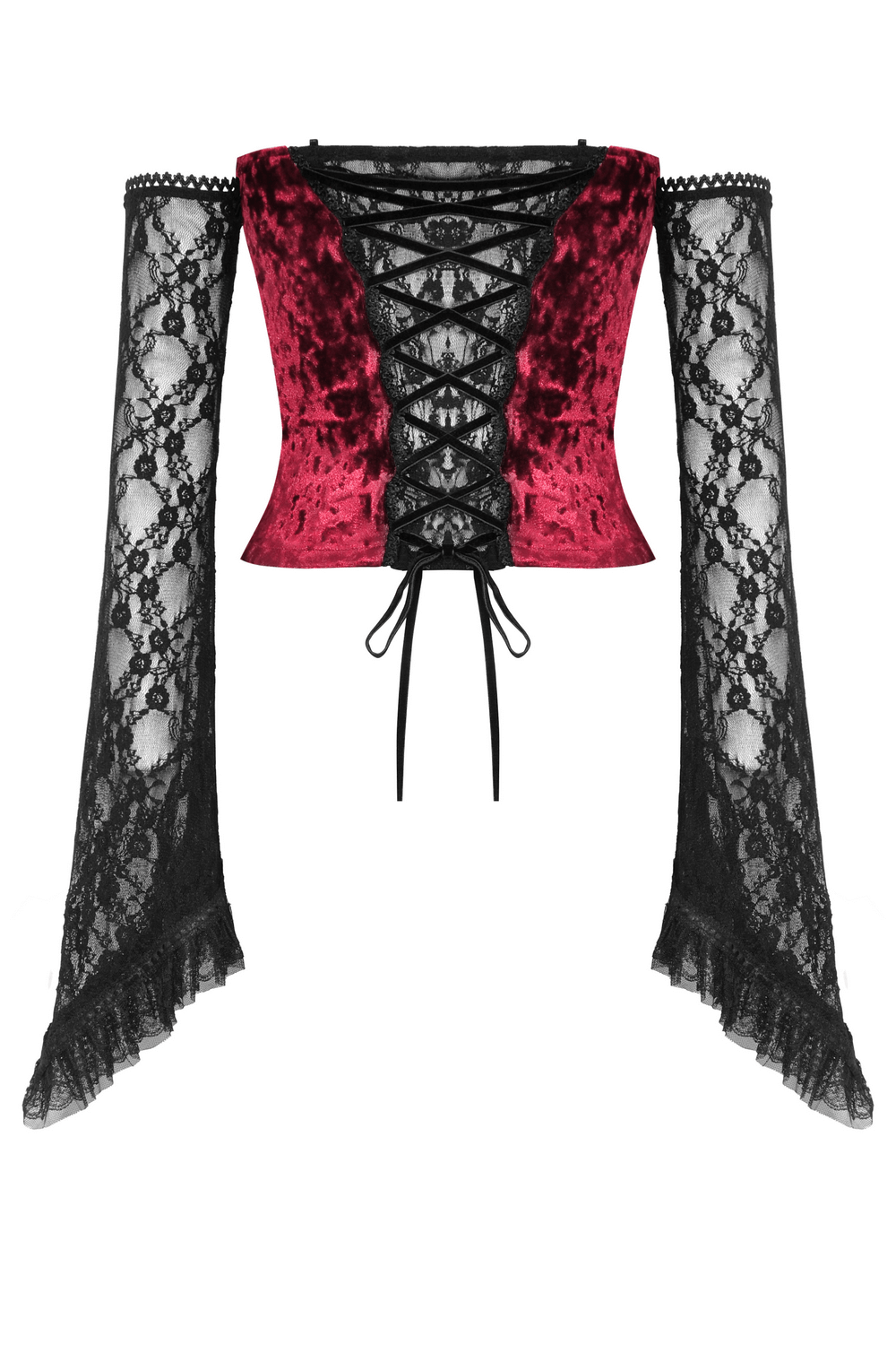 Gothic Burgundy Velvet Corset Top with Black Lace Sleeves