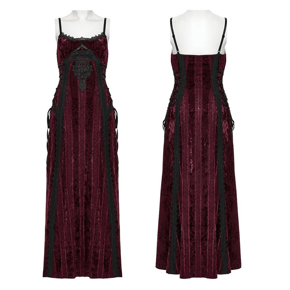 Gothic burgundy velvet dress with lace and metal detail, featuring adjustable side straps and a concealed zipper.