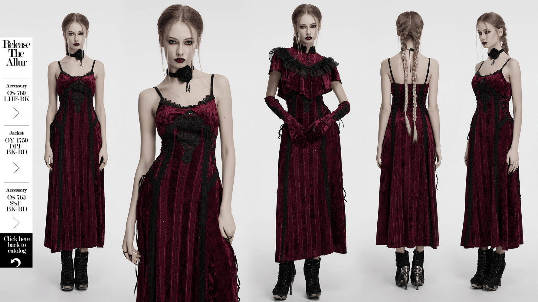 Gothic burgundy velvet dress featuring lace trim, metal detail, and adjustable straps for versatile styling.