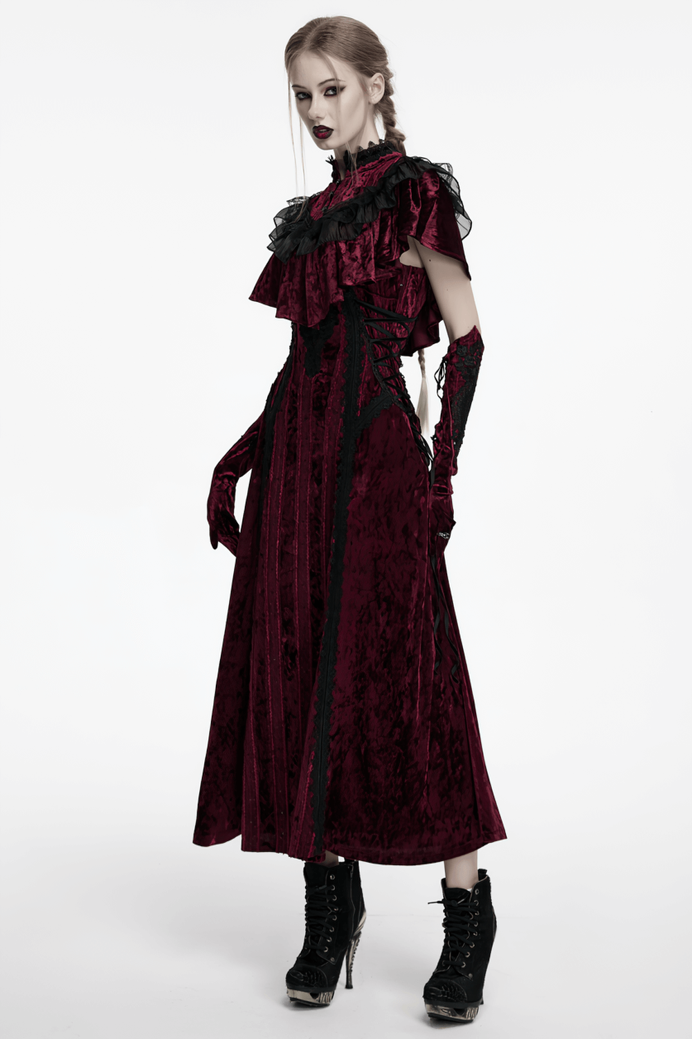 Gothic burgundy velvet dress with lace and metal details, featuring ruffles and adjustable straps for stylish versatility.