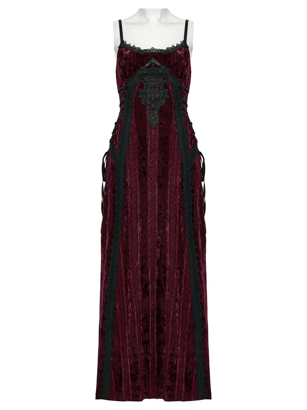 Gothic burgundy velvet dress with lace trim and adjustable side straps, showcasing elegant metal detail.