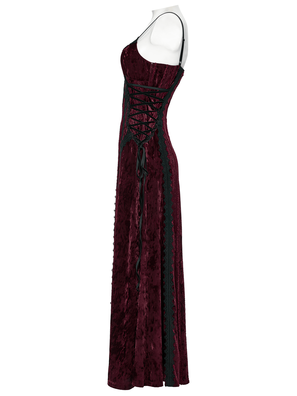 Gothic burgundy velvet dress with lace trim and metal details, showcasing a side view on a mannequin.