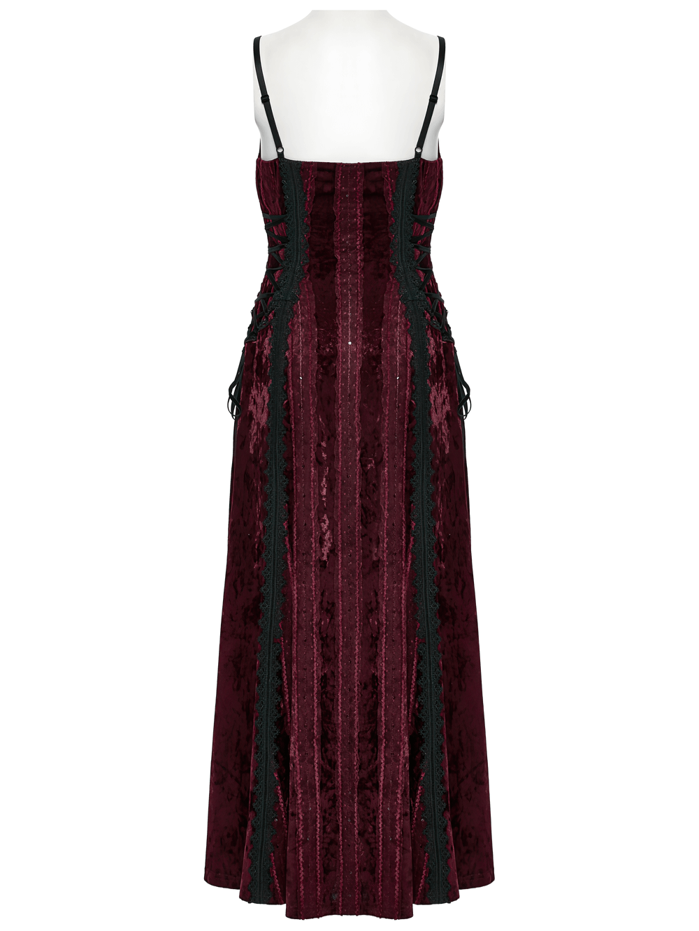Back view of Gothic burgundy velvet dress showcasing lace trim and adjustable side straps.