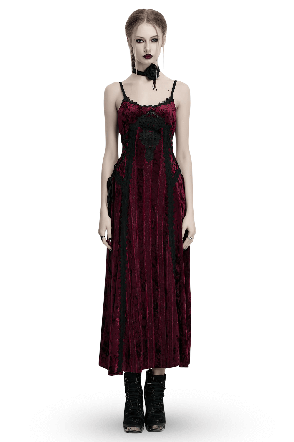 Gothic burgundy velvet dress with lace and metal details, featuring adjustable straps and a chic palace-inspired style.