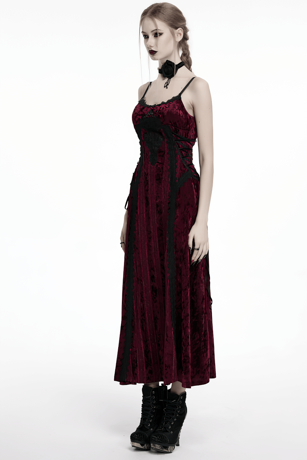 Gothic burgundy velvet dress with lace and metal details, featuring adjustable straps and a palace-inspired design.
