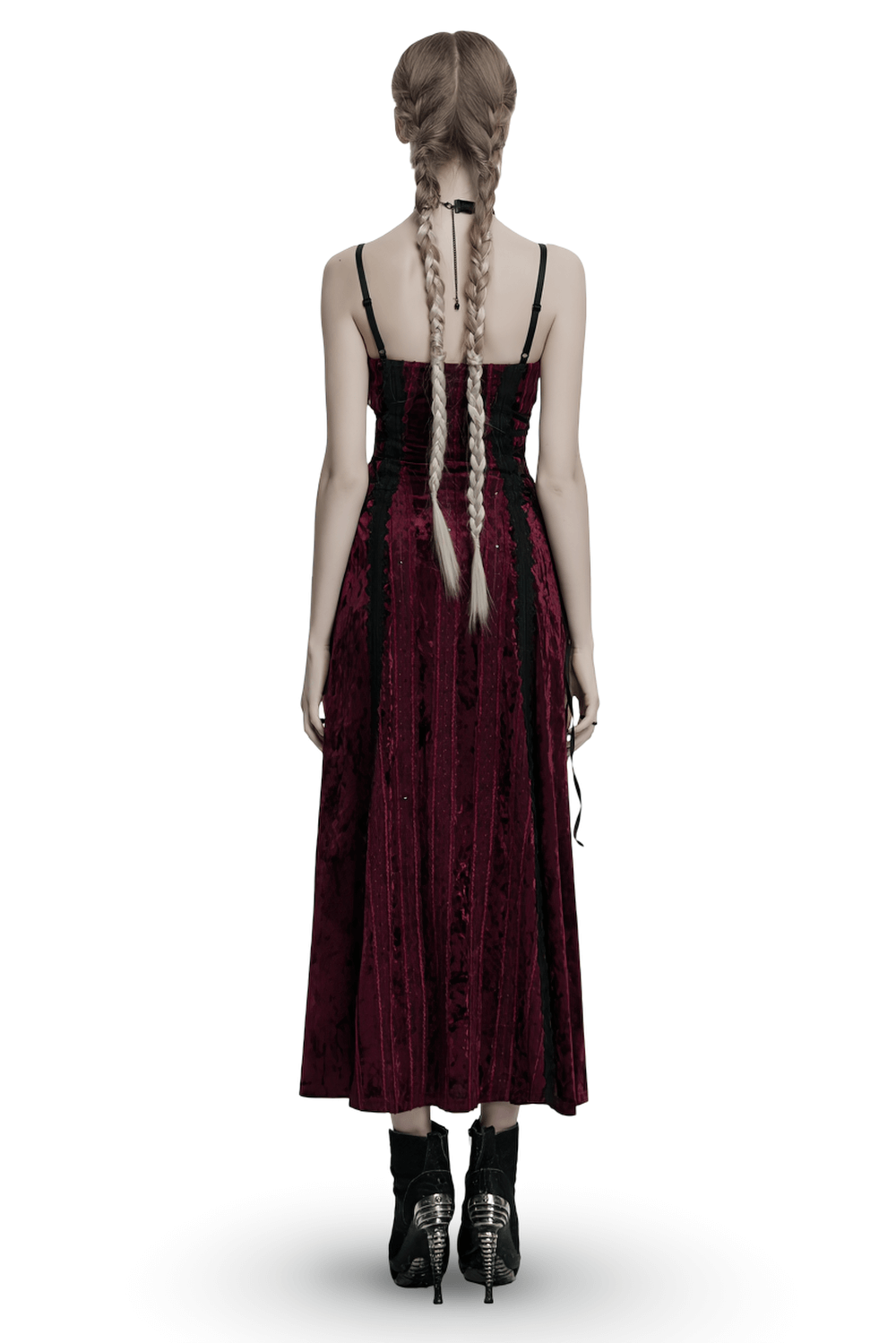 Back view of a Gothic burgundy velvet slip dress with lace details and adjustable side straps.