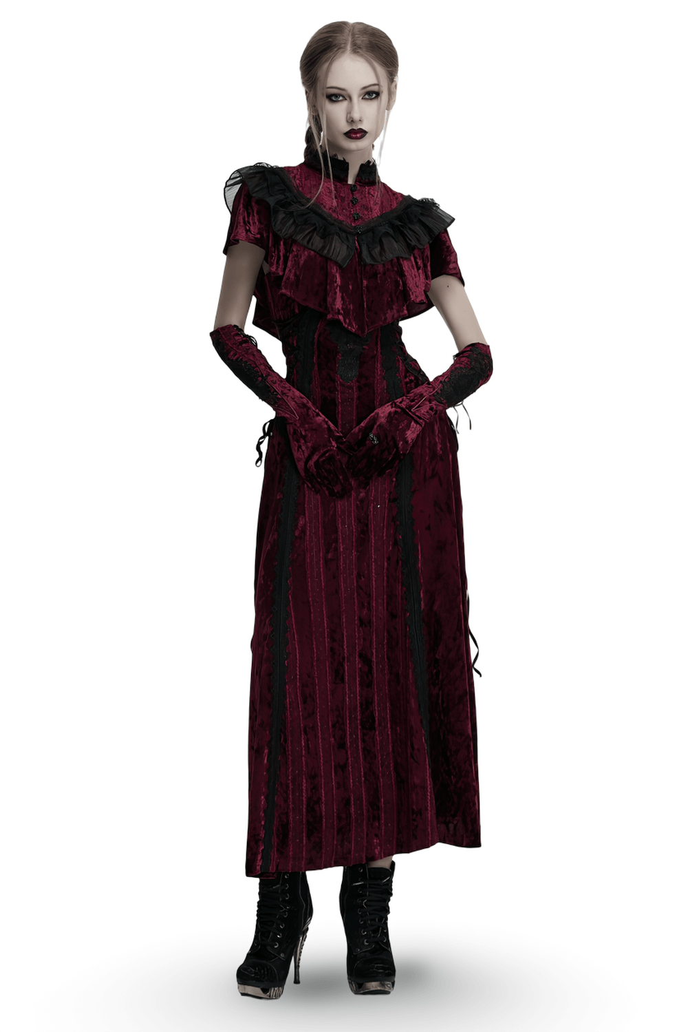 Gothic burgundy velvet dress with lace trim and metal details, styled with gloves for a dramatic look.
