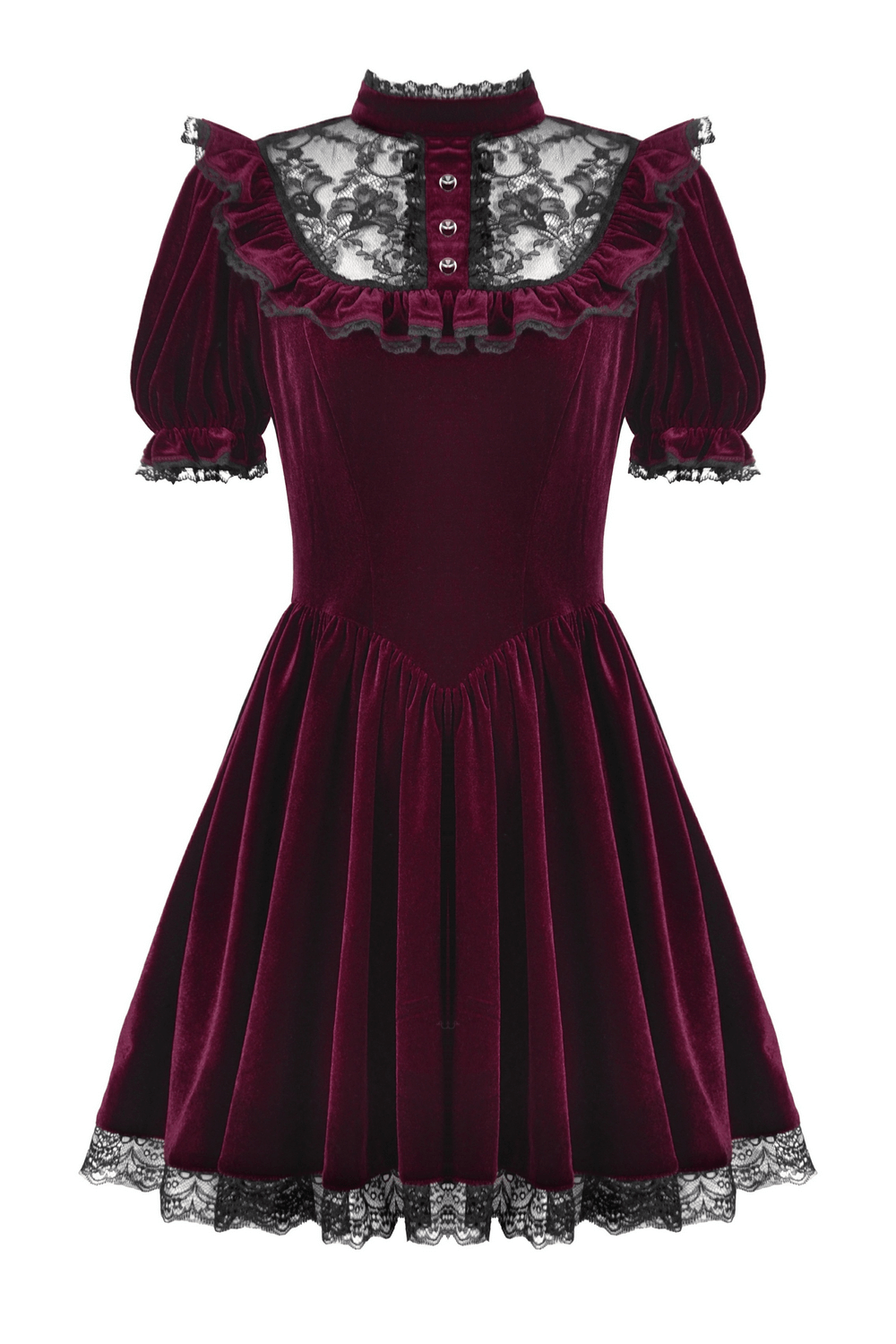 Gothic burgundy velvet mini dress with lace trim, puff sleeves, and Victorian-inspired design.