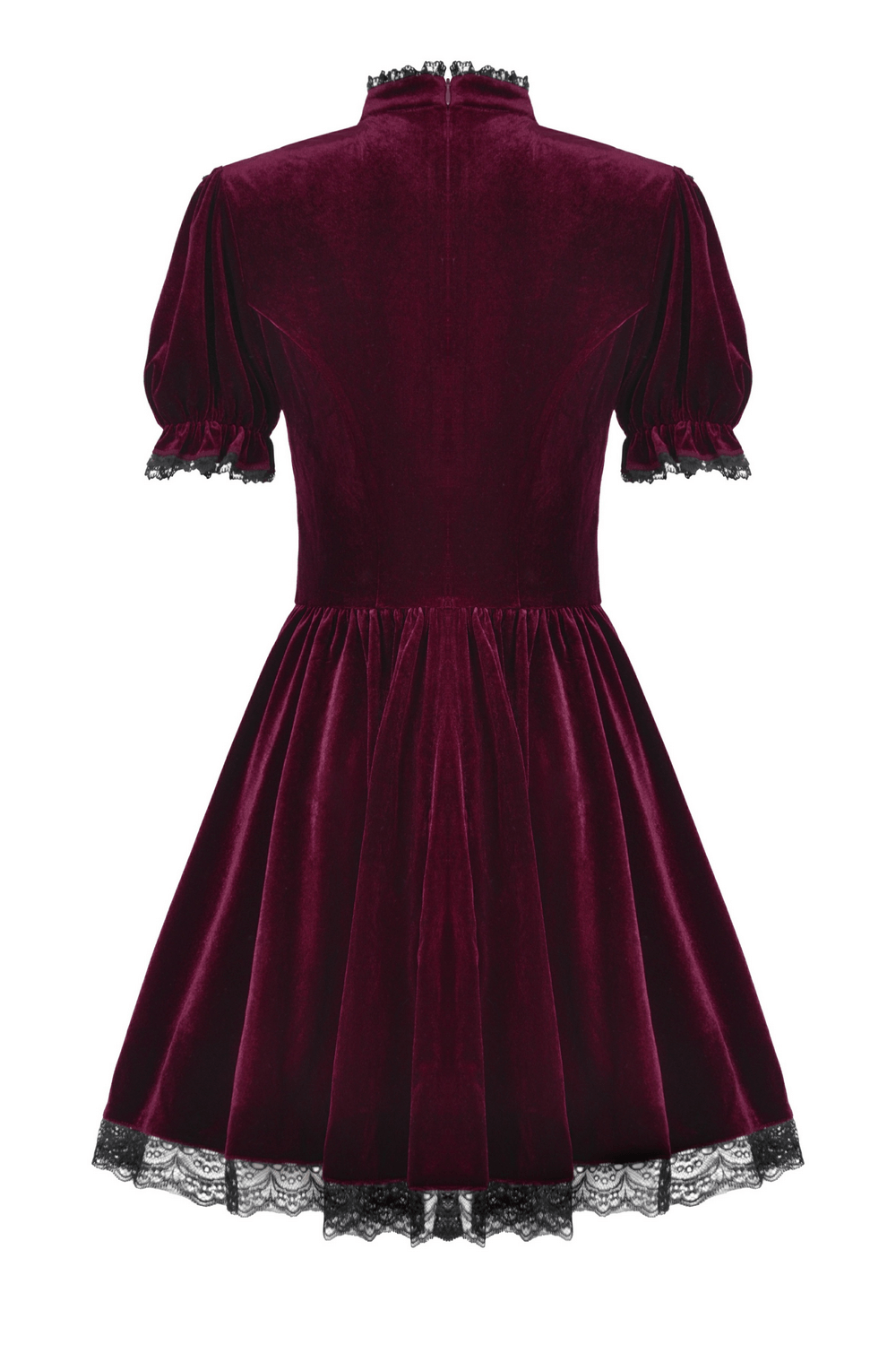 Gothic burgundy velvet mini dress with lace trim, puff sleeves, and vintage Victorian style.