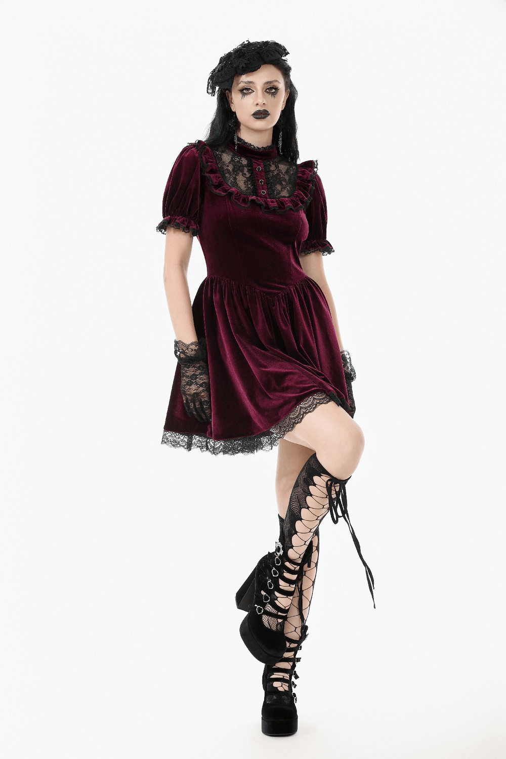 Gothic burgundy velvet dress with lace trim and puff sleeves, perfect for vintage-inspired fashion.
