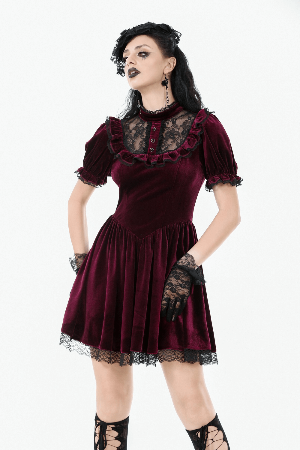 Gothic burgundy velvet mini dress with lace trim, puff sleeves, and vintage Victorian style.